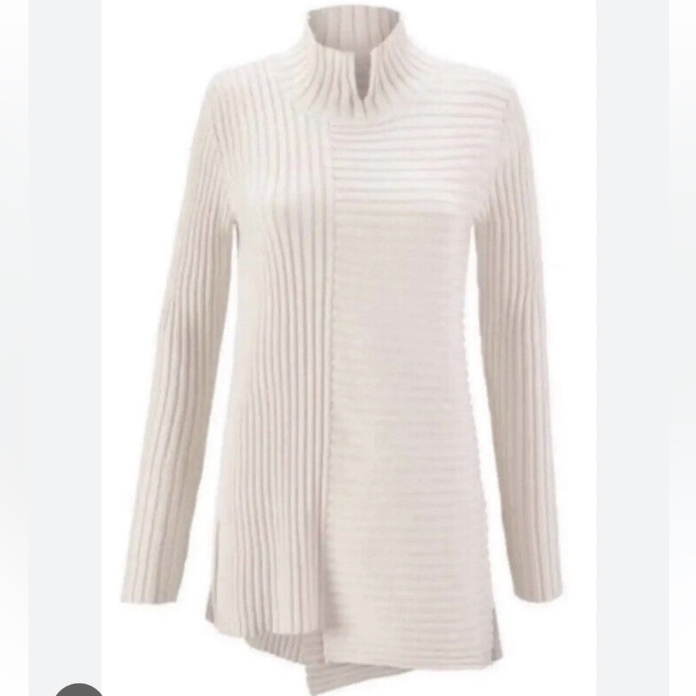 CABI D-Ring Ribbed Knit Tunic Mock Neck Asymmetric Sweater